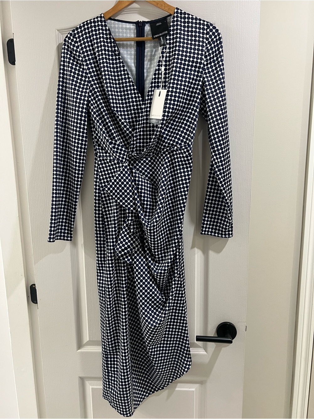 C/MEO Collective Navy and White Polka Dot Midi Dress